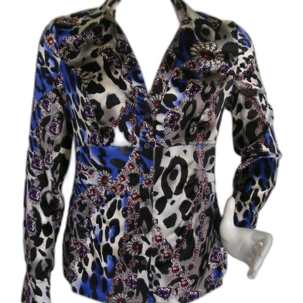 CACHE Silk Blouse, M, Blue/Black Leopard/Jeweled print, Buttons, Stretch